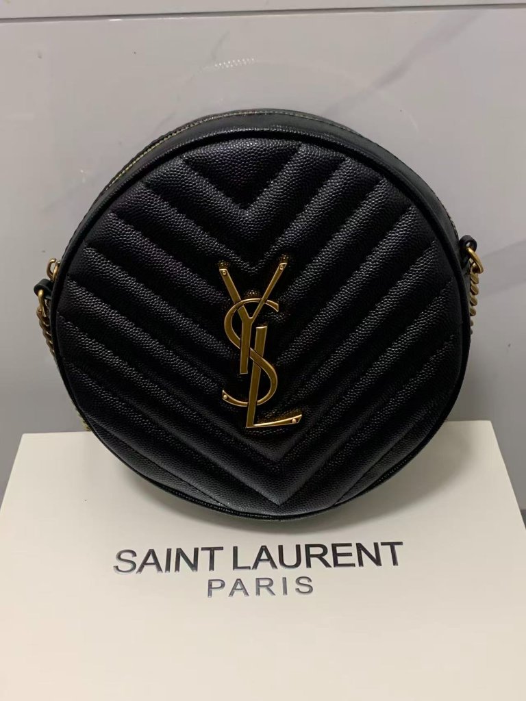 Yves Saint Laurent Black Quilted Leather Round Crossbody Bag With Gold Chain